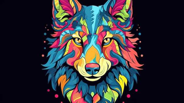 Colorful wolf with a black background.