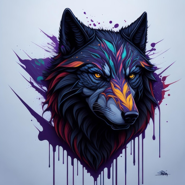 A colorful wolf with a black head and purple and blue eyes.