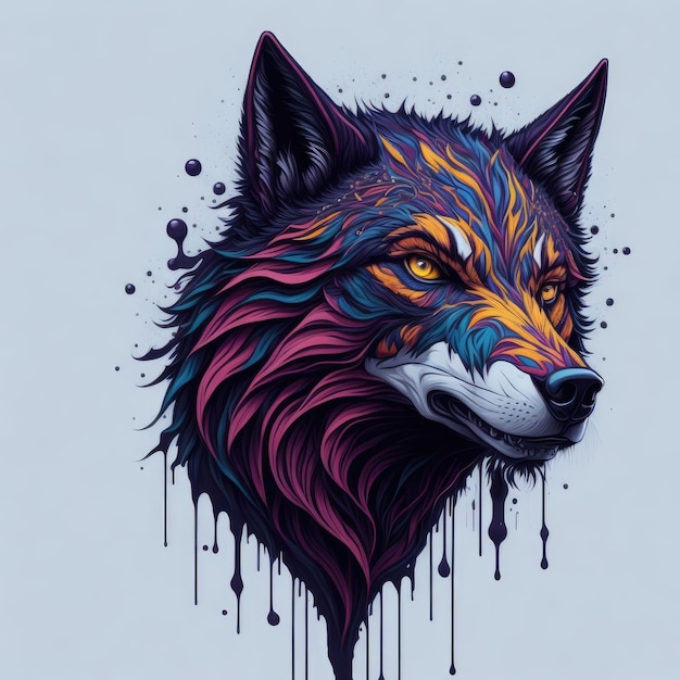 A colorful wolf with a black head and purple and yellow colors