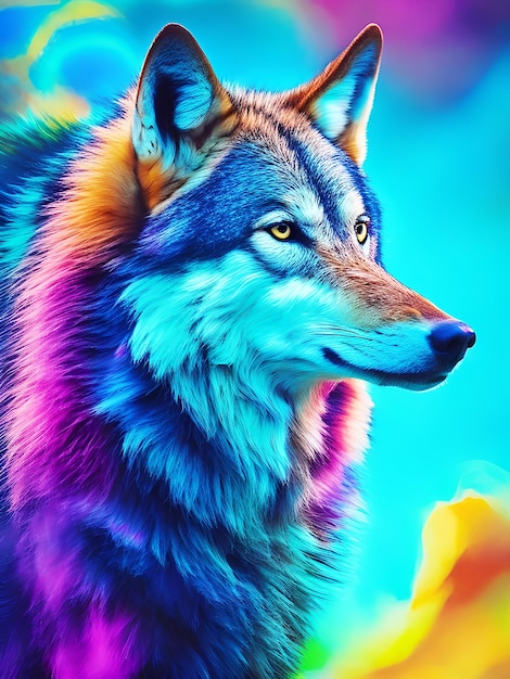 A colorful wolf with a blue background ai generated