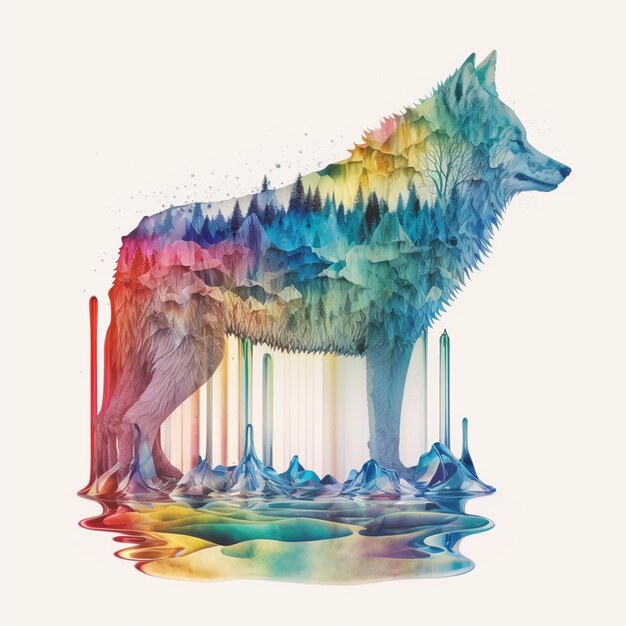 Красочный волк на фоне леса.