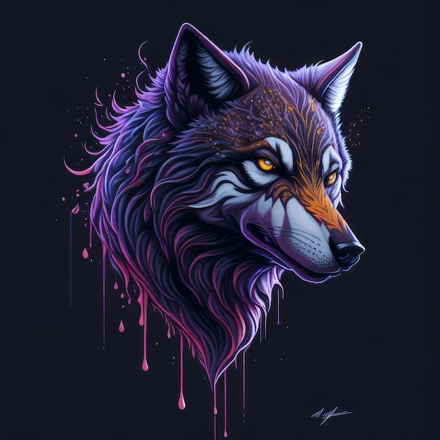 紫と黒の背景にカラフルなオオカミ。
