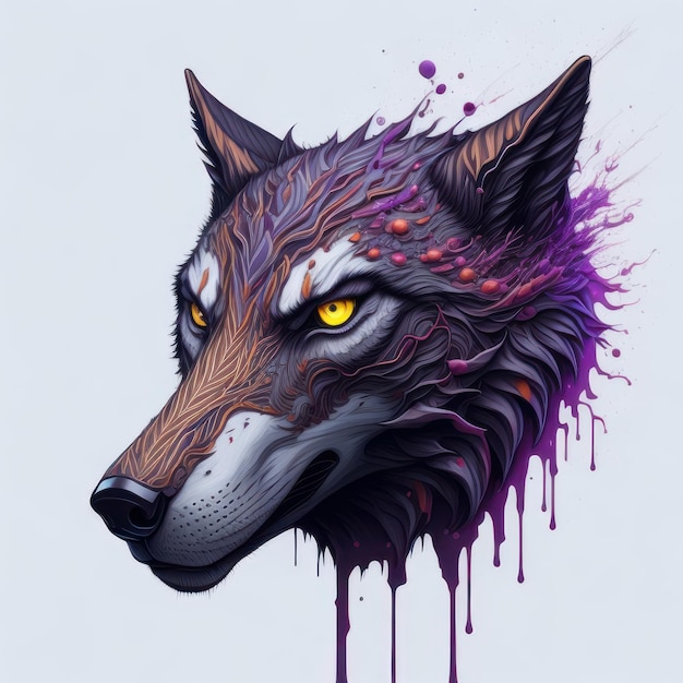 A colorful wolf with purple eyes and purple eyes is shown.