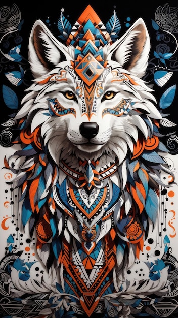 colorful wolf with a tribal design