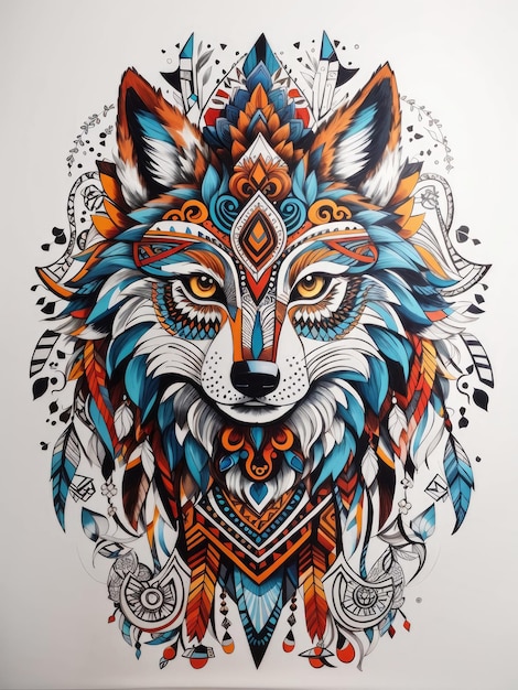 colorful wolf with a tribal design