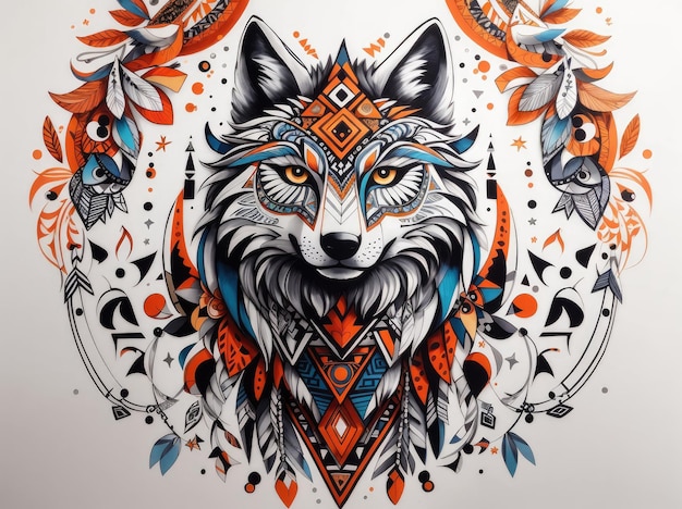 colorful wolf with a tribal design