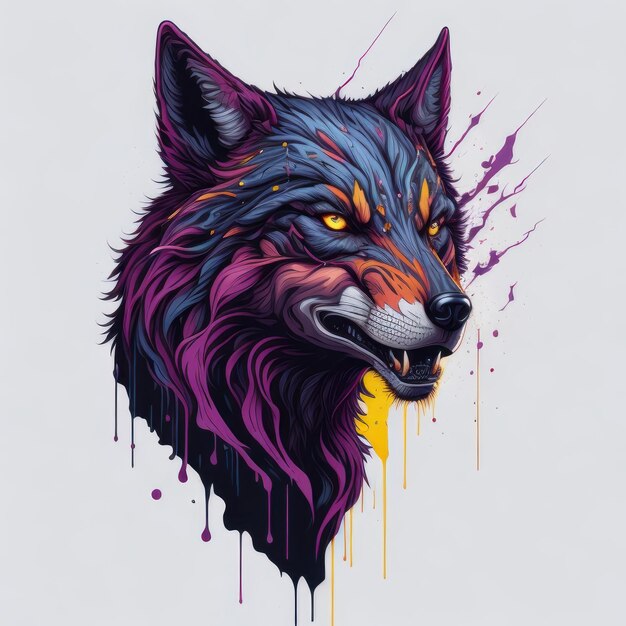 A colorful wolf with yellow eyes and purple eyes is shown