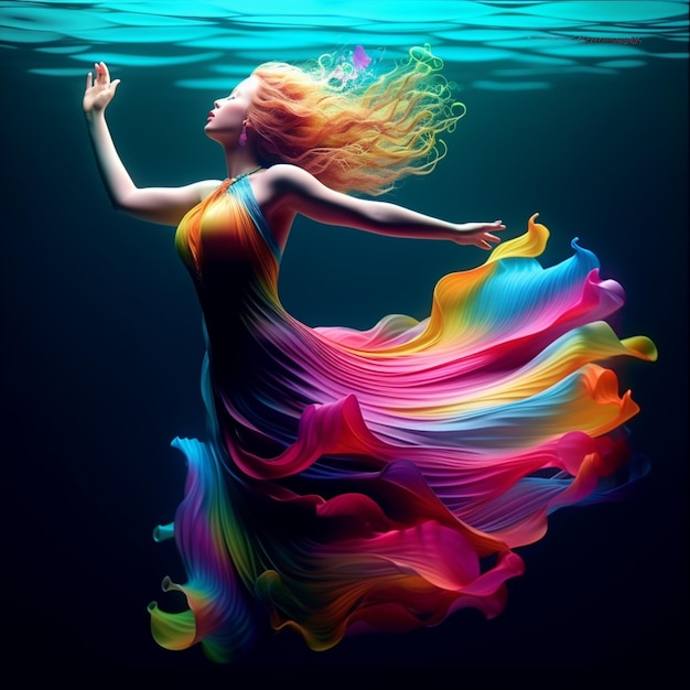 A colorful woman in a colorful dress is swimming in the water.