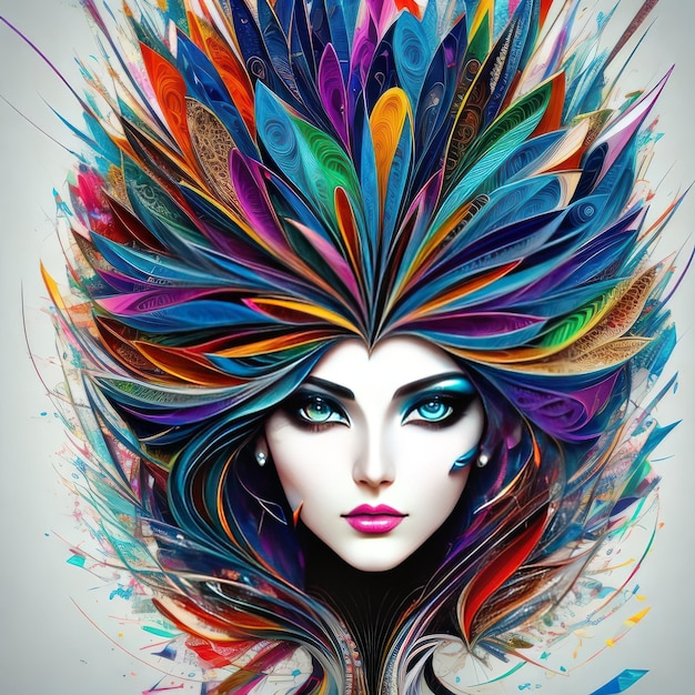 A colorful woman with feathers on her head is shown with the word love on it.