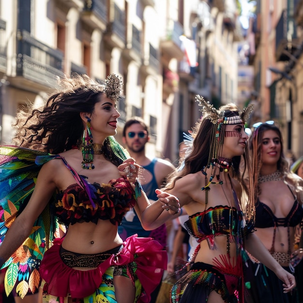 Foto colorful women parade al la merc festival di barcellona tradizione catalana scena di strada