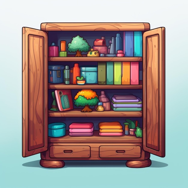 책과 물건이 있는 다채로운 나무 캐비 만화 스타일 2d 게임 아트