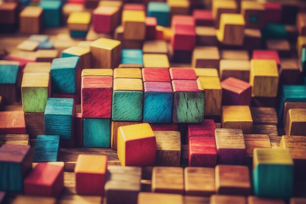 Photo colorful wooden cubes background vintage style toned picture selective focus