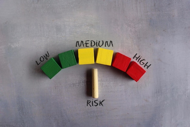 カラフルな木製の立方体と黒板リスクインジケーターリスクメーターの概念リスクレベル中