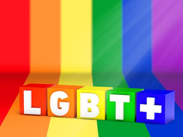 LGBT라는 단어가 있는 LGBTQ 게이 프라이드 플래그 색상의 다채로운 나무 큐브
