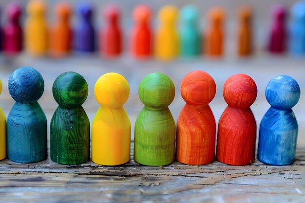 Colorful wooden figures of people in a row Selective focus Ai generated