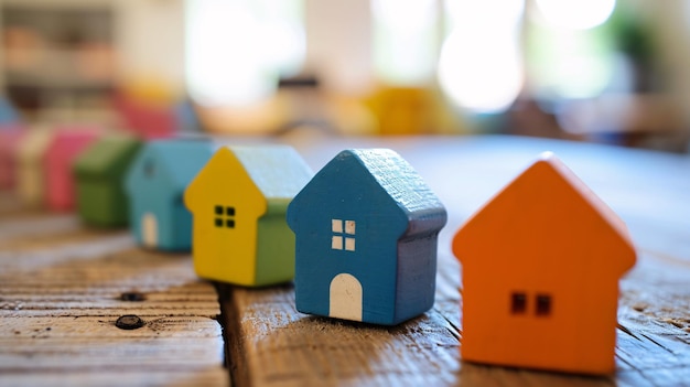 Colorful Wooden House Models on a Wooden Table
