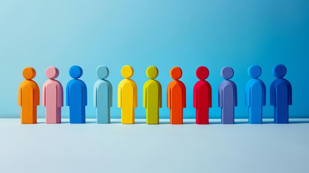 Colorful Wooden Peg People on Blue Background