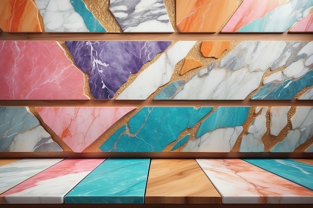 Colorful wooden platform background marble wall