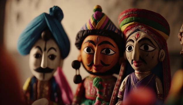 Colorful Wooden Puppets of Traditional Indian Puppet Theater