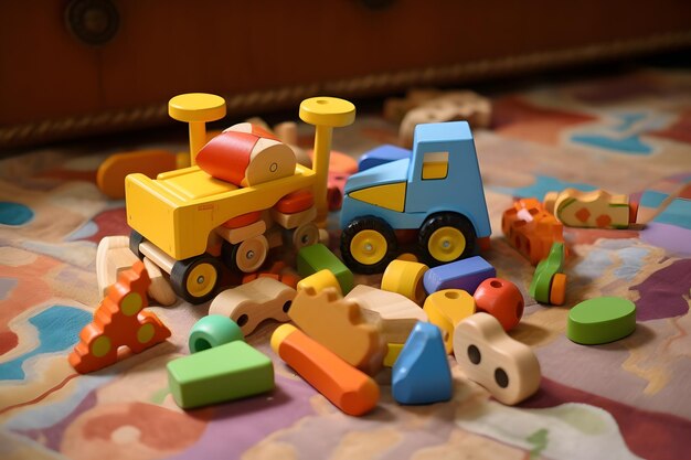 遊び時間と想像力のためのベッドに玩具トラックを搭載したカラフルな木製のおもちゃコレクション