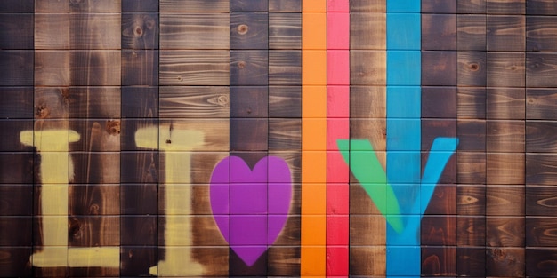 A colorful wooden wall has the word love written on it.