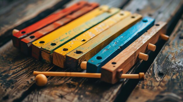 A colorful wooden xylophone with a natural wooden mallet on a wooden background