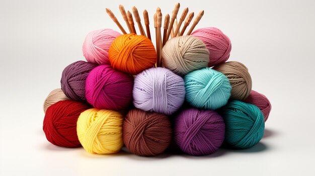 白い背景の上に色とりどりの羊毛のボールと編み針