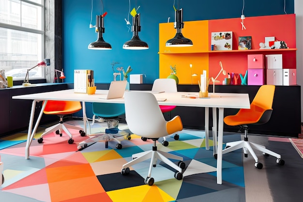 Красочное рабочее пространство со смелыми цветами и современной мебелью, созданное с помощью генеративного искусственного интеллекта