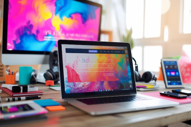 A colorful workspace with a laptop desktop computer tablet and smartphone