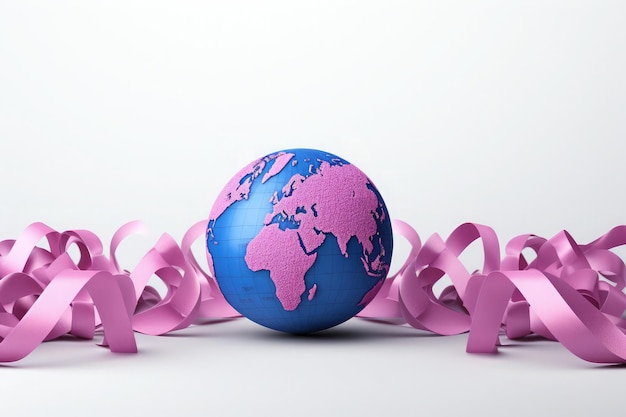 Colorful World Cancer Day concept globe map with Awareness pink ribbon Illustration background