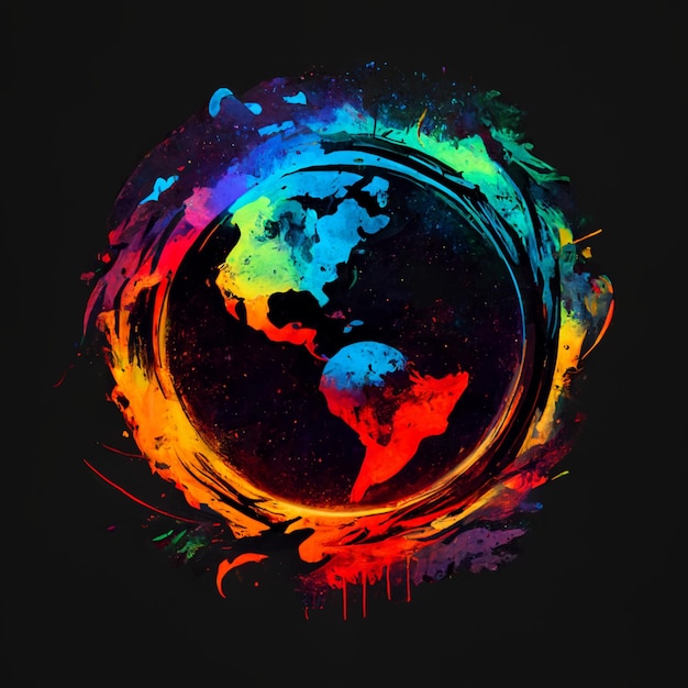 A colorful world globe with a rainbow colored background.