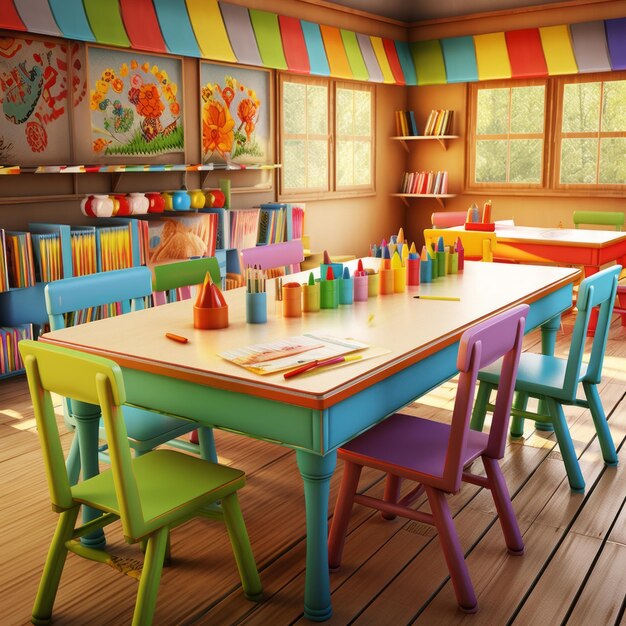 Photo the colorful world at kindergarten a dazzling table adorned with a delightful array of cartoon colo