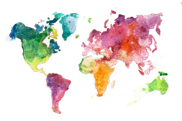 Photo colorful world map painted in watercolors