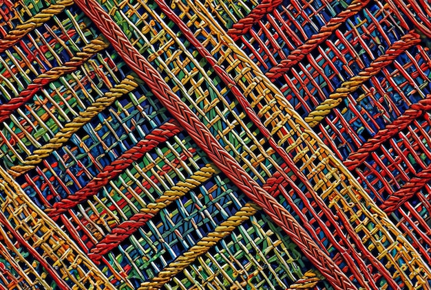 A colorful woven rug with a colorful pattern of ropes and a woven pattern