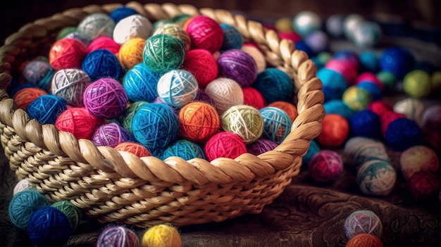 Colorful yarn balls in a woven basket