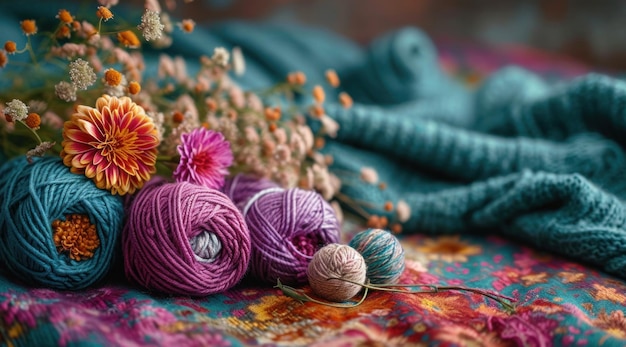 colorful yarn floats onto a colorful cloth table with