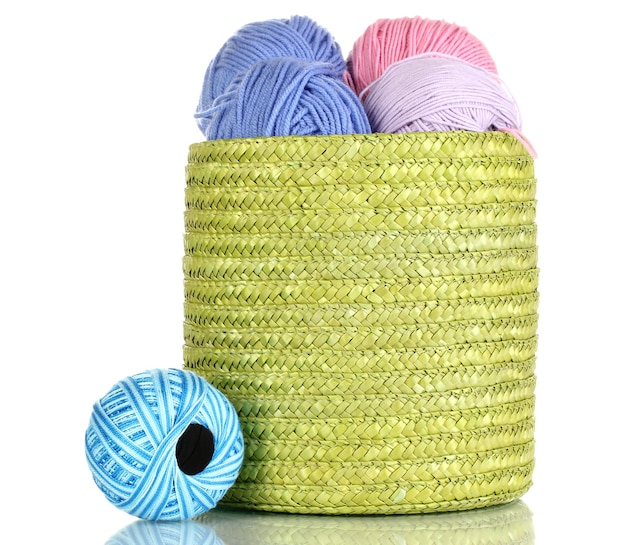 Colorful yarn for knitting in green basket isolated on white