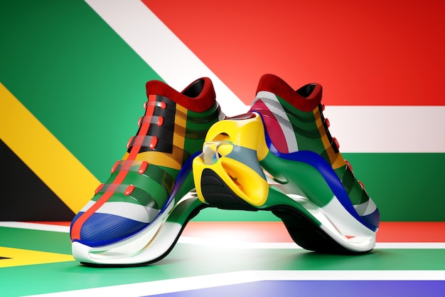 Colorful yellow sneakers with the national flag of the Republic of South Africa on the sole The concept of bright trendy sneakers 3D rendering