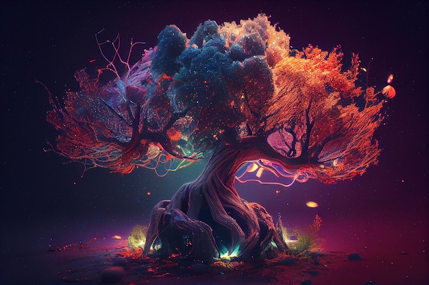 Colorful yggdrasil with northern lightsgenerative ai