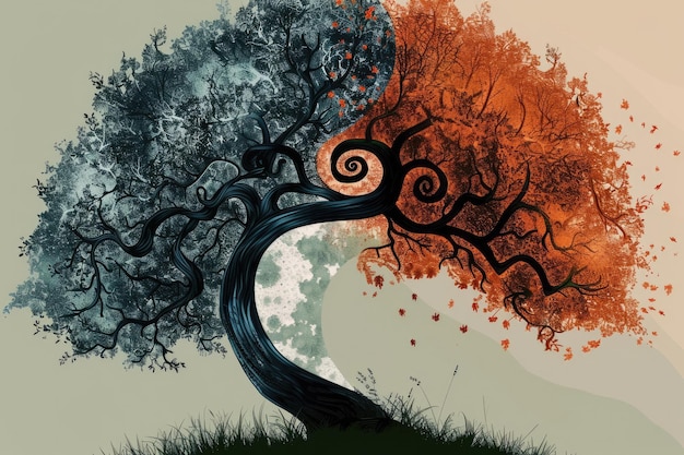 Photo colorful yin yang tree with spiral decoration artistic contrast of nature and ecology