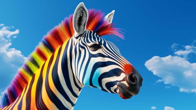 A colorful zebra standing in front of a blue sky