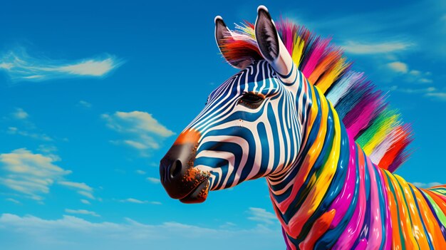 A colorful zebra standing in front of a blue sky