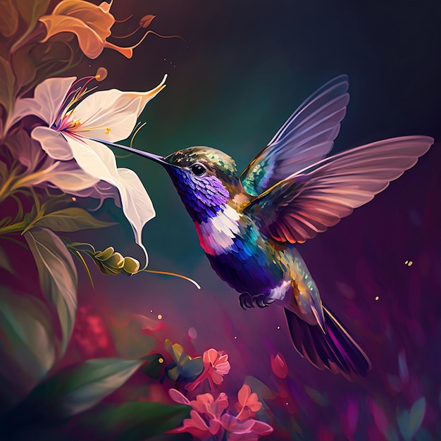 a colorfull hummingbird flying and feeding from a flower generative AI