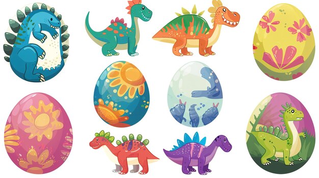 Photo colorfully illustrated collection of dinosaurs and decorated easter eggs with childrens themes