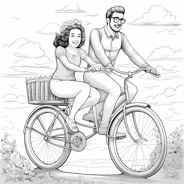 Photo coloring book for adults 2 people riding a tandem bicycle cartoon style