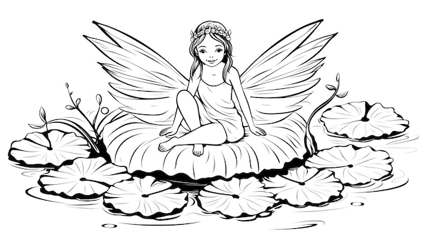 Coloring book for adults fairy floating on a lily whimsical black and white Generative AI