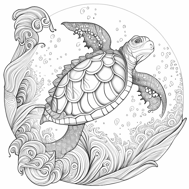 coloring book for adults mystical sea turtle cartoon style thick lines