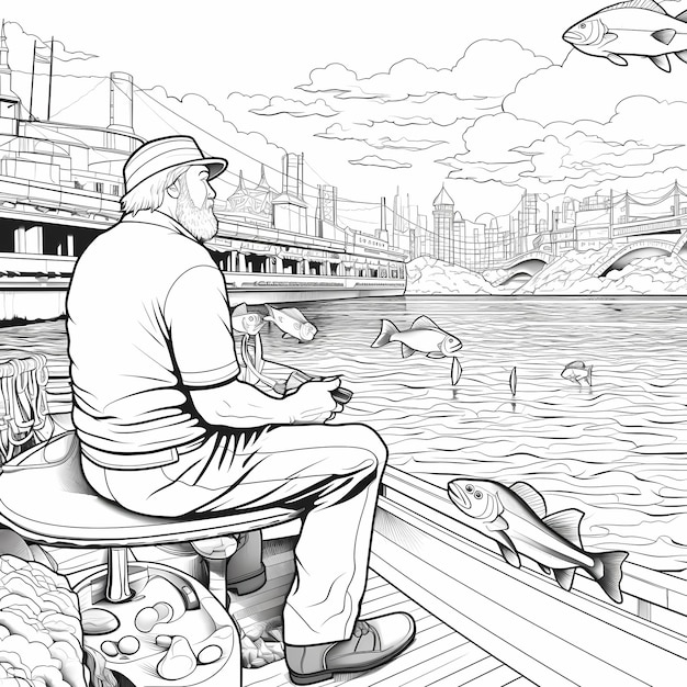 Книга для раскрашивания для взрослых люди рыбалки в стиле мультфильмов