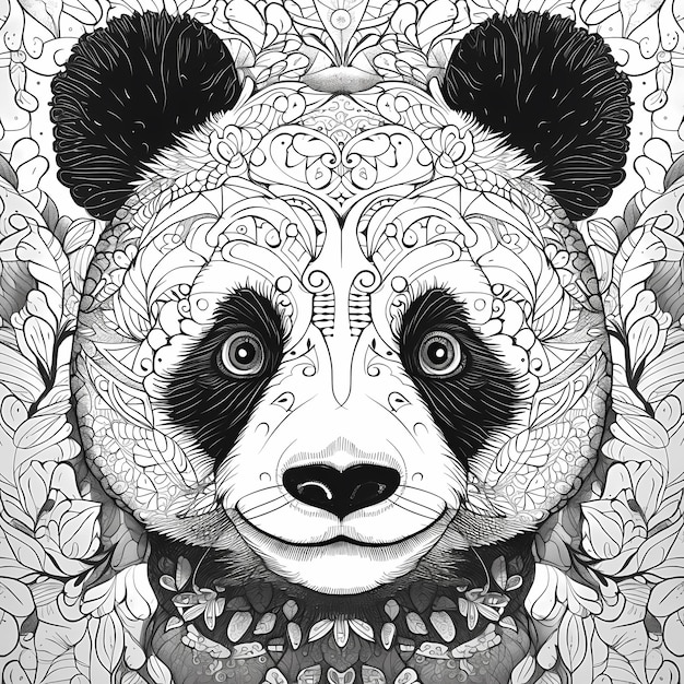Foto libro da colorare per adulti panda in stile cartone animato in bianco e nero