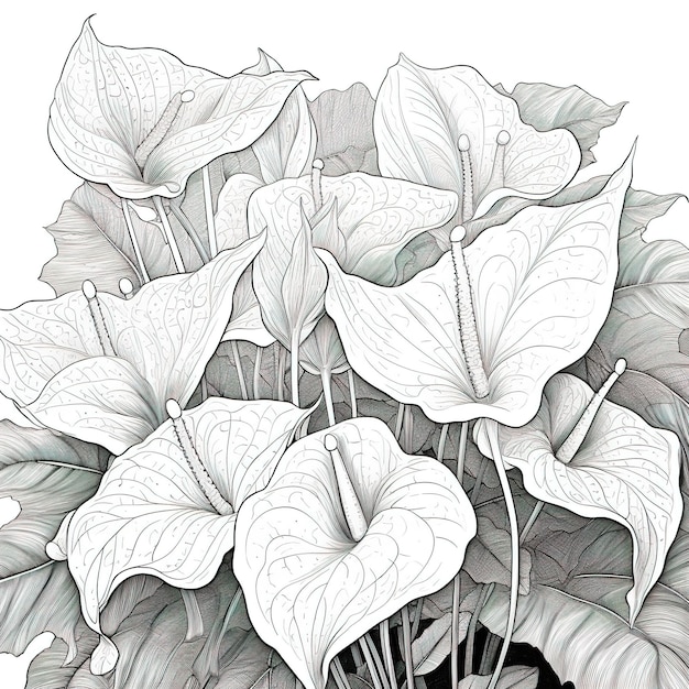 Coloring book Anthurium flowers Realistic sketch style